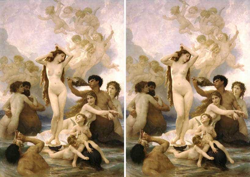 De geboorte van Venus door William-Adolphe Bouguereau,rechts het origineel