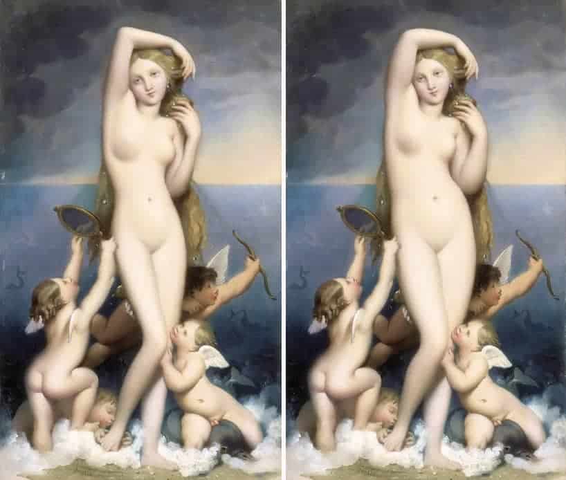 Venus Anadyomäne door Jean Auguste Dominique Ingres, rechts het origineel
