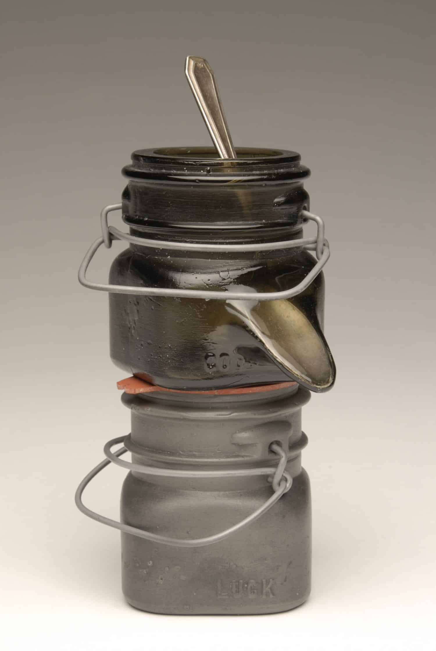 “Good Luck Impulse,” Blown glass, cast iron, found objects, 9 x 4 x 4.5 inches, photo credit: Serena Nancarrow