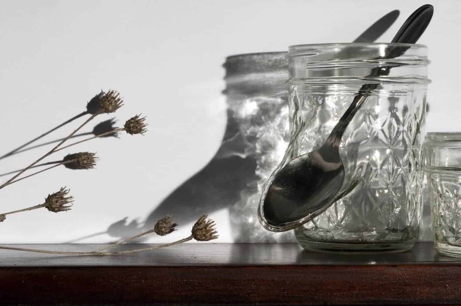 “What’s good for the goose is good for the gander,” Jelly jars, cutlery, dried flowers, wood frame, 22.5 x 29 x 4 inches, photo credit: Elizabeth Torgerson-Lamark