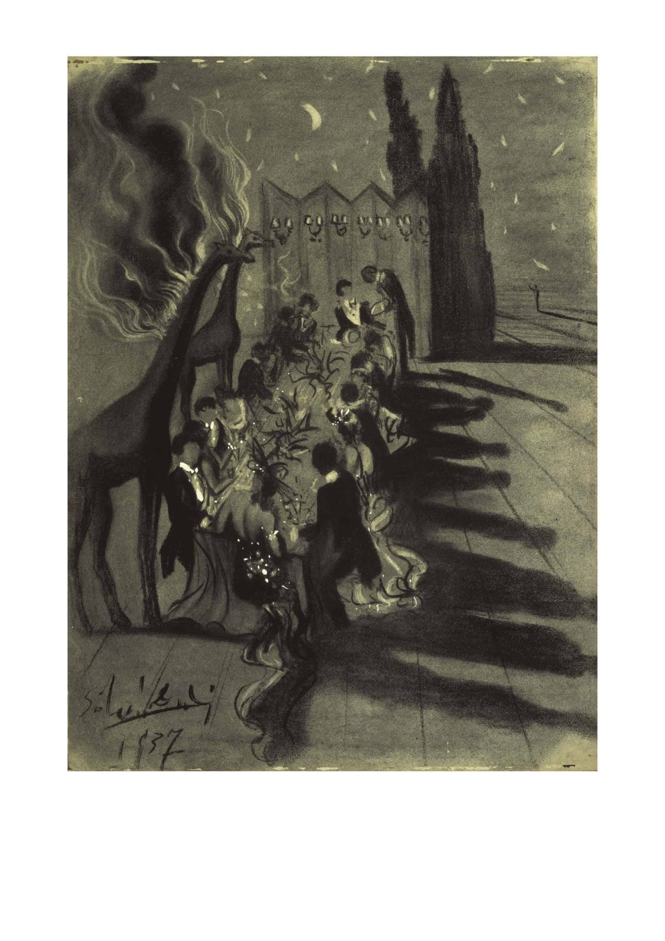 Salvador DALÍ Dinner in the Desert lit by Burning Giraffes Dîner dans le désert éclairé par les girafes en feu Avondmaal in de woestijn verlicht door brandende giraffen 1937 Charcoal on paper 61,5 x 45,7 cm Collection of The Dali Museum, St. Petersburg FL © Salvador Dalí, Fundació Gala-Salvador Dalí, (corresponding Rights Society), 2019