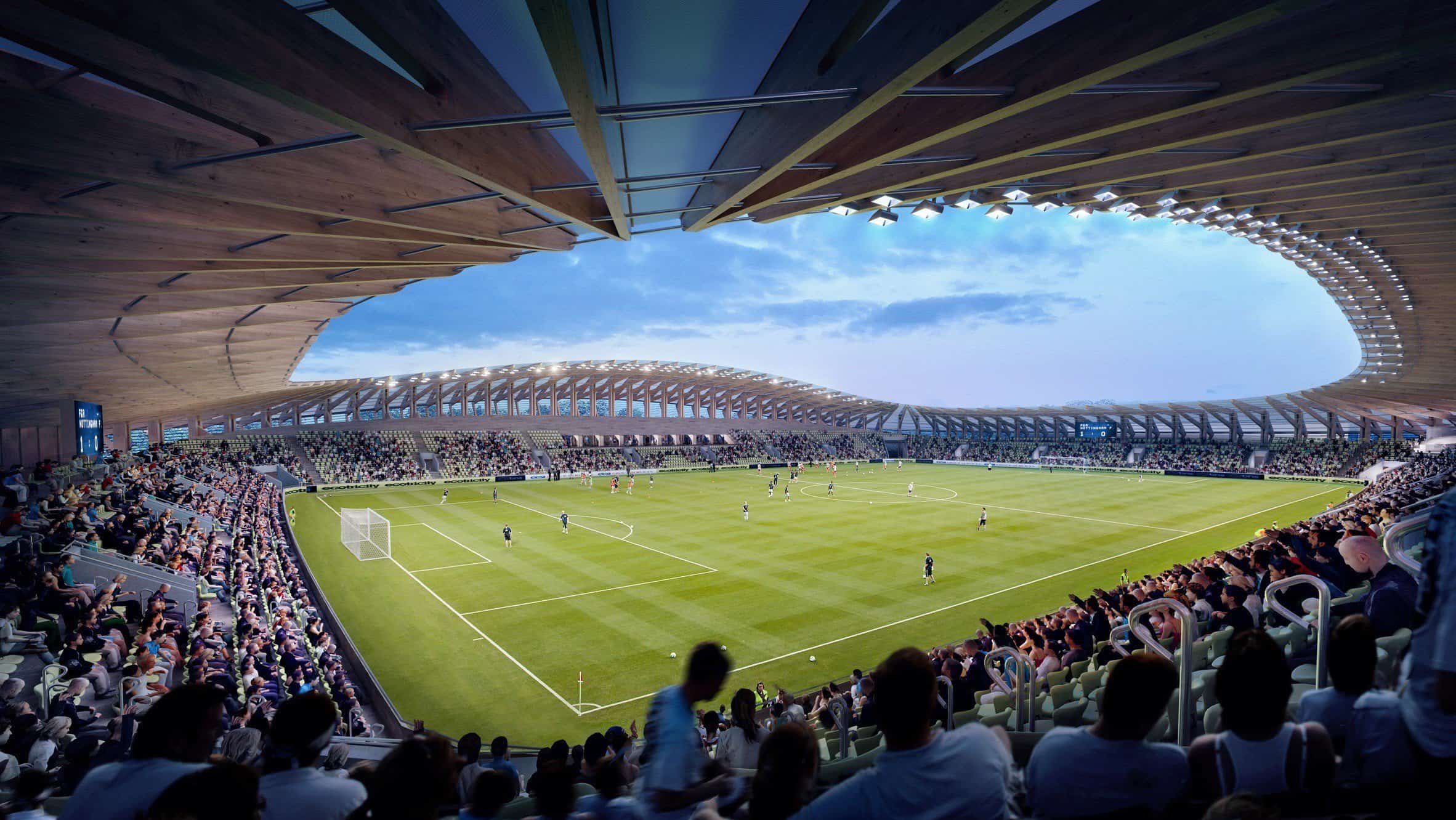 Houten voetbalstadion door Zaha Hadid Architects