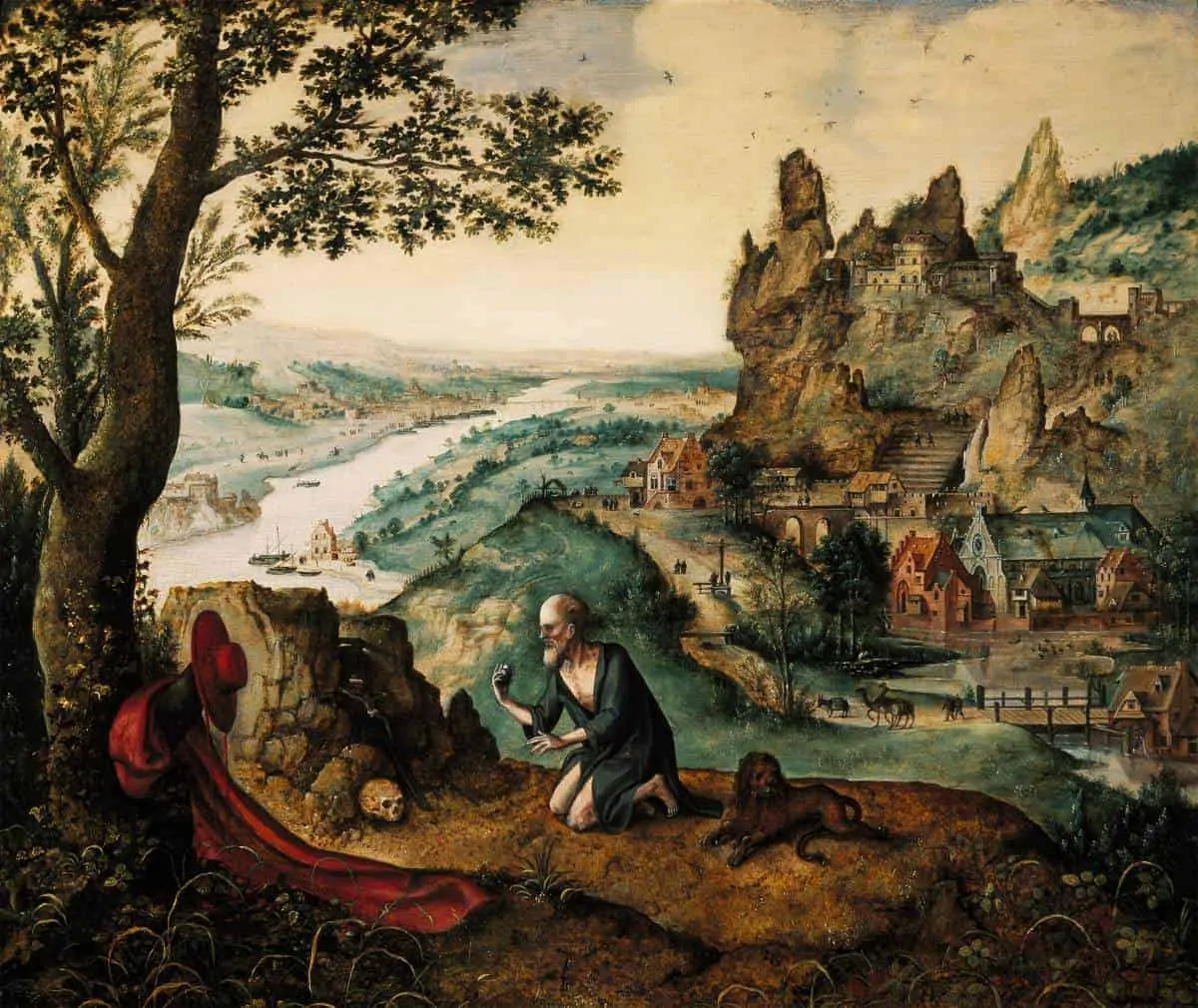 Schilderij van de boetende Hiëronymus knielend in een weids landschap met rotsen, een rivier en verre steden
