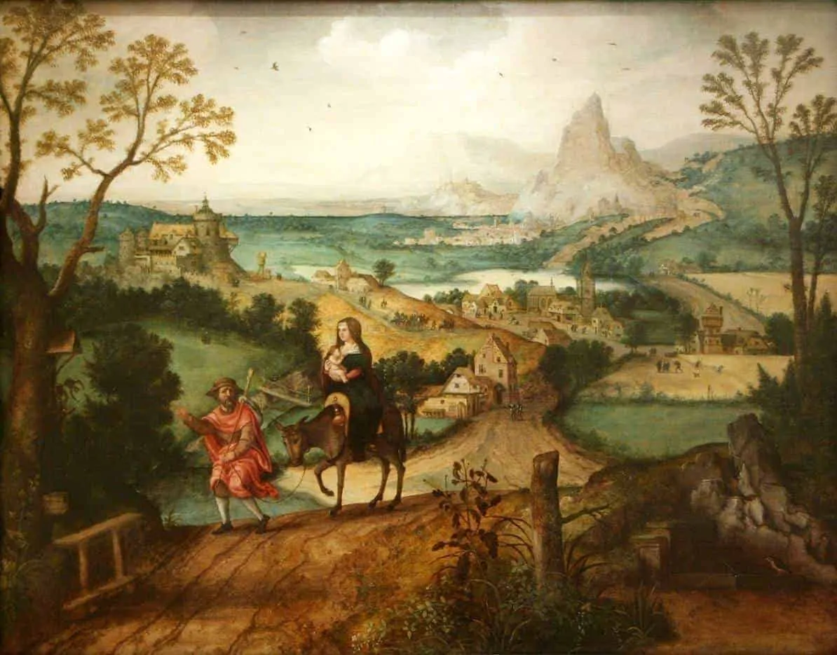 Schilderij van de Vlucht naar Egypte met Maria op een ezel en Jozef te voet in een weids, gelaagd heuvellandschap