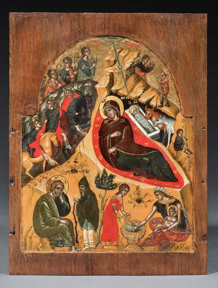 Ikoon: De Geboorte van Christus (centraal paneel van een triptiek) Kreta, circa 1500 Tempera op hout, 21,5 x 18 cm Collectie: Morsink Icon Gallery, Amsterdam