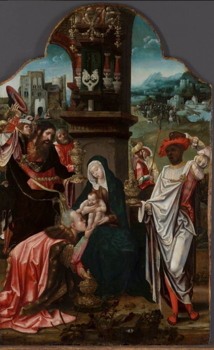 Adriaen van Overbeke, Antwerpen, actief c.1505-1530 De Aanbidding der Koningen. Olie op paneel 93 x 58,5 cm Collectie: Kunsthandel P. De Boer, Amsterdam