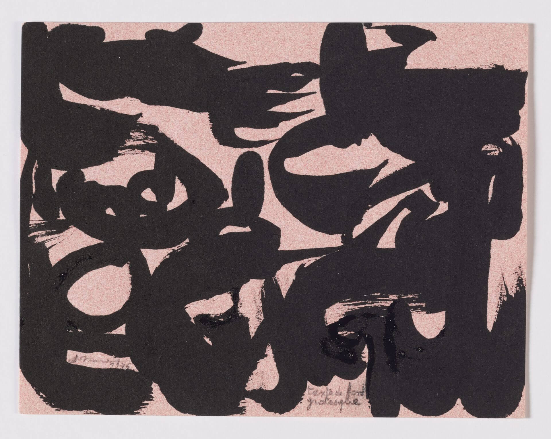 Christian Dotremont T exte de fond grotesque Encre d e Chine sur papier buvard rose 14,6 x 18,9 cm 1976