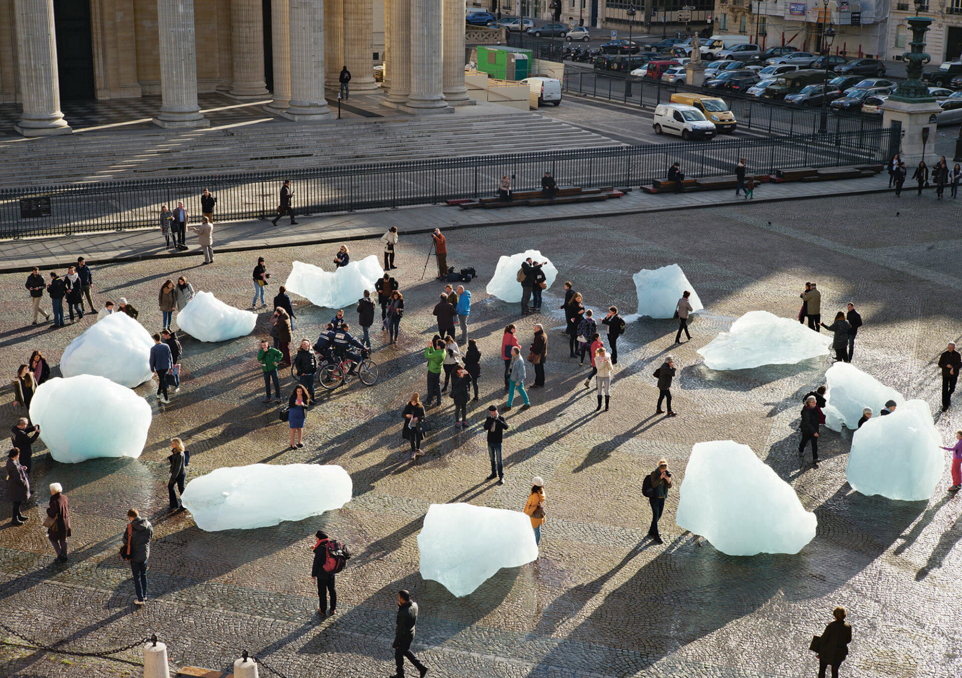 “Ice Watch” (2014), with Minik Rosing, 12 blocks of glacial ice, dimensions variable, installation views at Place du Panthéon, Paris. Photo by Martin Argyroglo