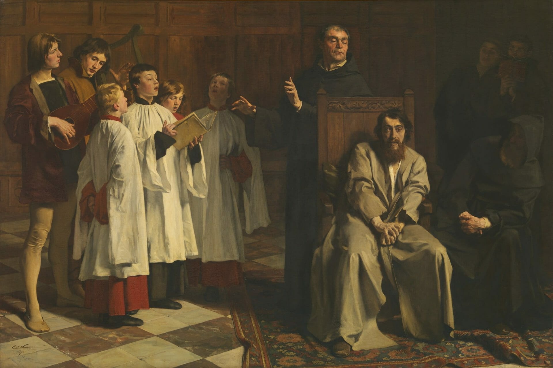 Emile Wauters, Hugo van der Goes in het Roode Klooster, 1872, olieverf op doek Brussel, Koninklijke Musea voor Schone Kunsten van België, 2519