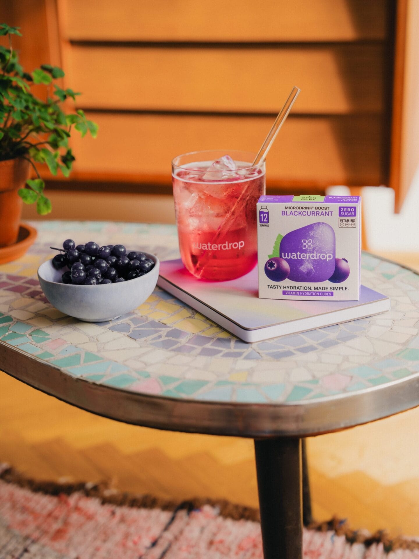 Een glas Waterdrop Microdrink met ijs naast een verpakking Microdrink Boost Blackcurrant en een schaaltje bessen