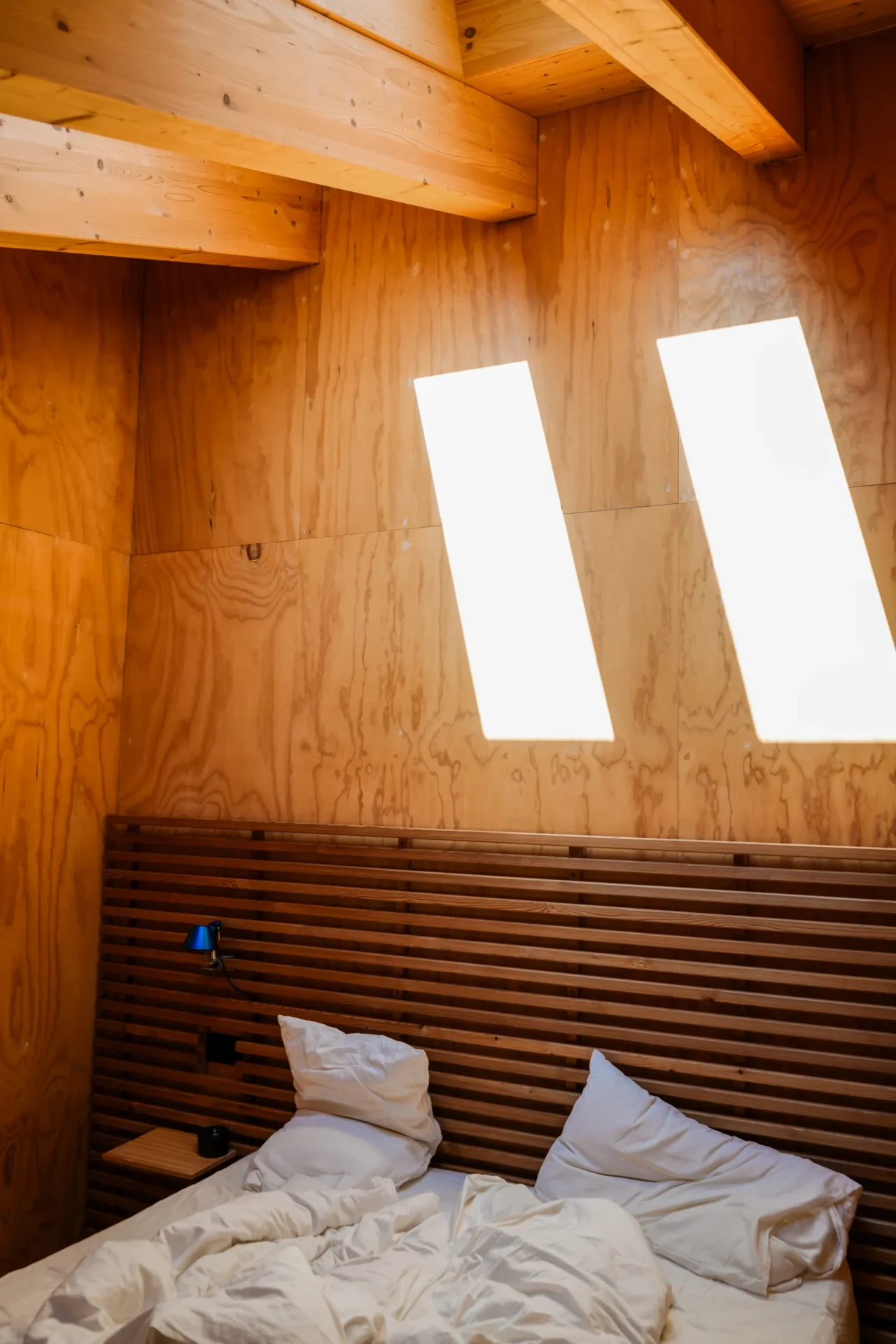 Slaapkamer in Rifugio Val di Togno met houten wanden, balkenplafond en zonlicht dat door dakramen op de muur valt