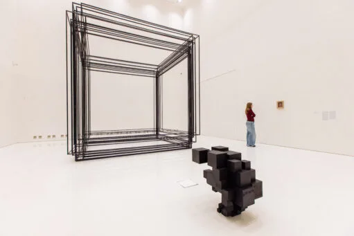 Een bezoeker in een witte museumzaal met een grote kubusvormige draadsculptuur en een abstracte zwarte bloksculptuur