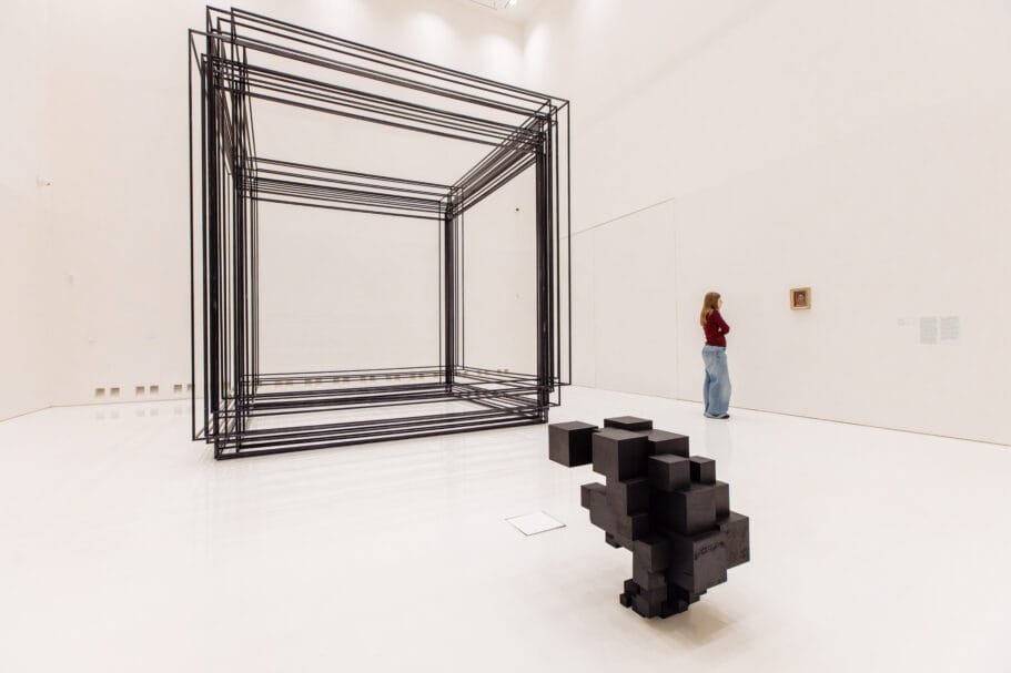 Een bezoeker in een witte museumzaal met een grote kubusvormige draadsculptuur en een abstracte zwarte bloksculptuur