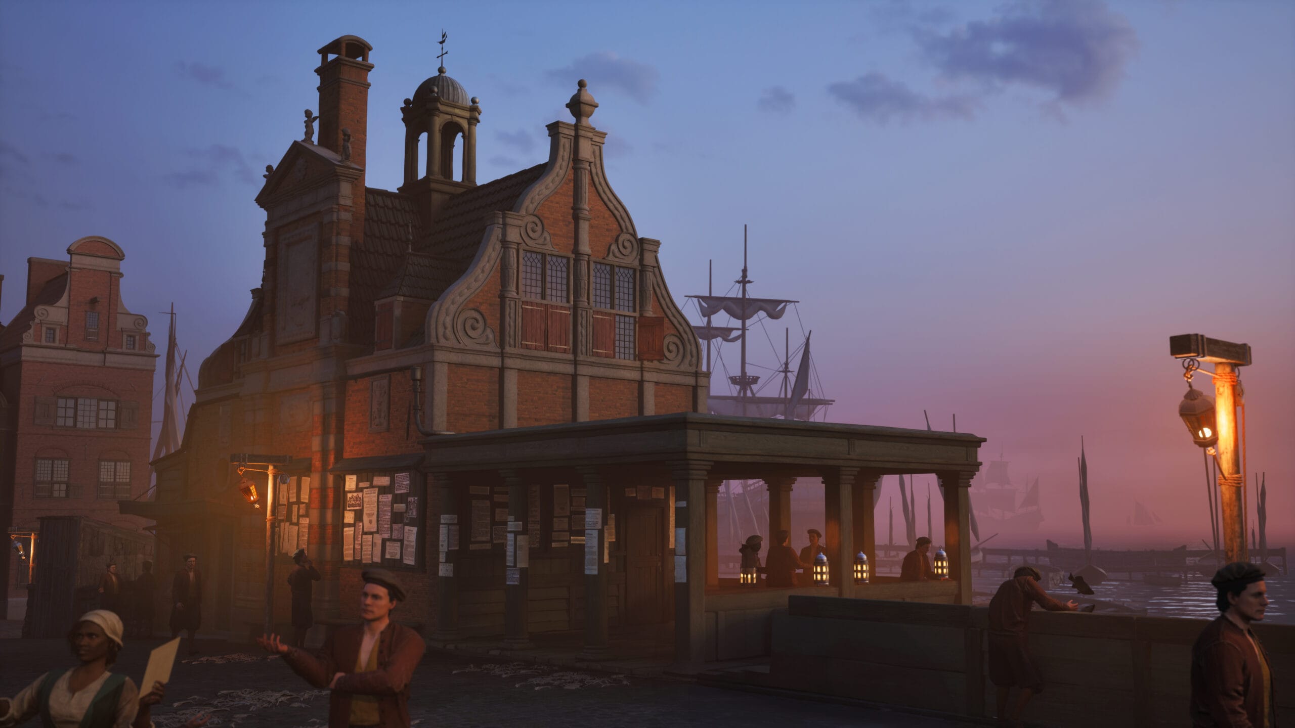Een levendige 17e-eeuwse haven bij zonsondergang met een bakstenen kantoorgebouw, zeilschepen en mensen op de kade