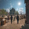 Twee moderne mannen met VR-brillen lopen door een digitale reconstructie van een historisch Nederlands marktplein