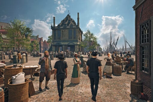 Twee moderne mannen met VR-brillen lopen door een digitale reconstructie van een historisch Nederlands marktplein
