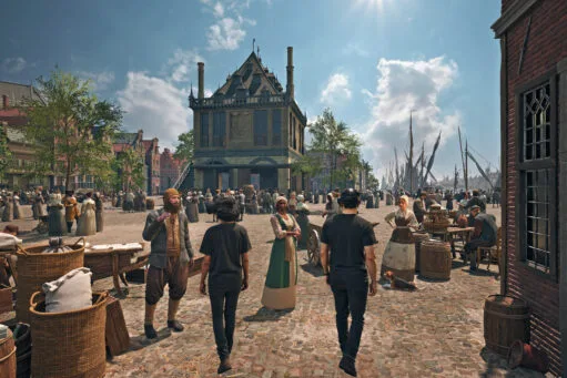 Twee moderne mannen met VR-brillen lopen door een digitale reconstructie van een historisch Nederlands marktplein