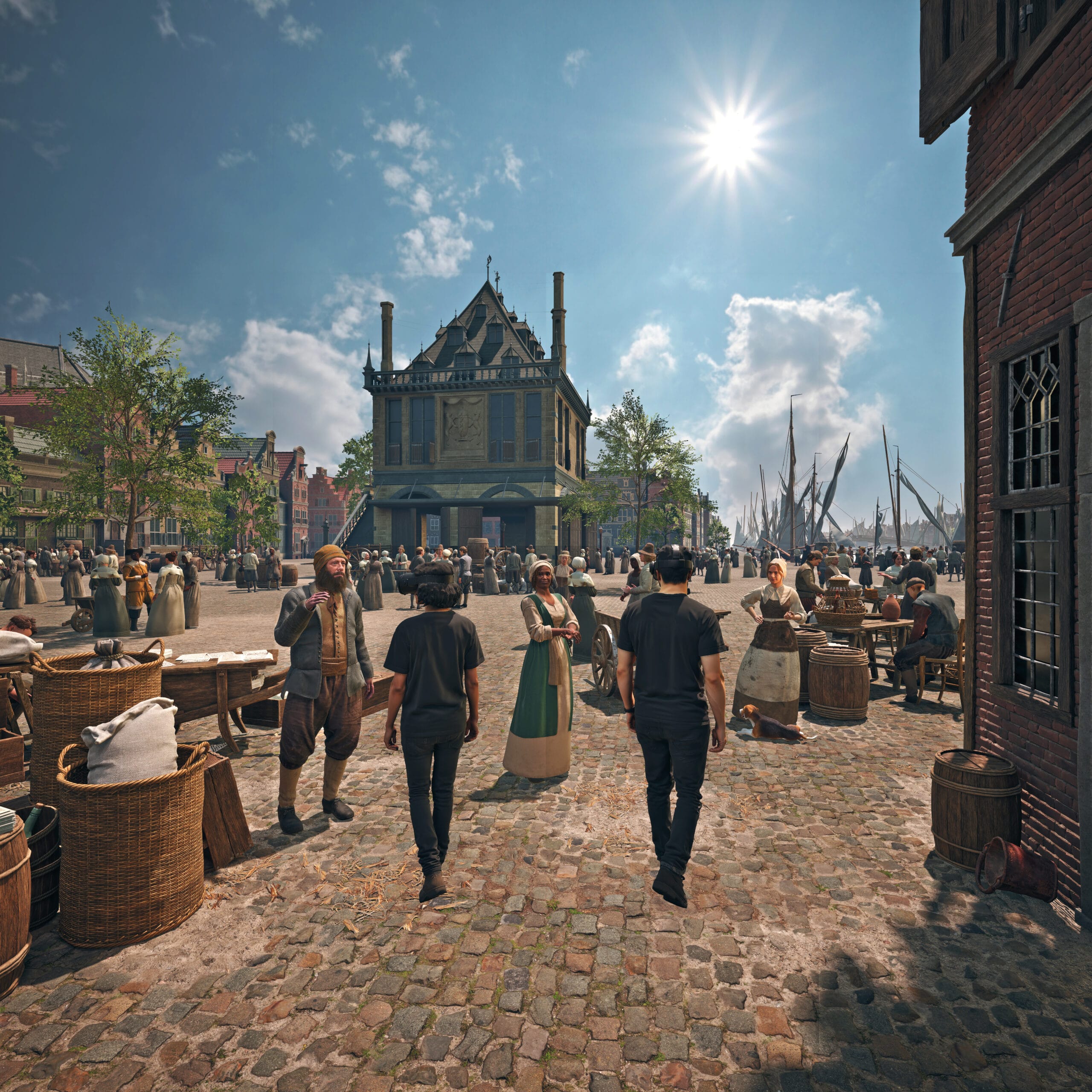 Twee moderne mannen met VR-brillen lopen door een digitale reconstructie van een historisch Nederlands marktplein