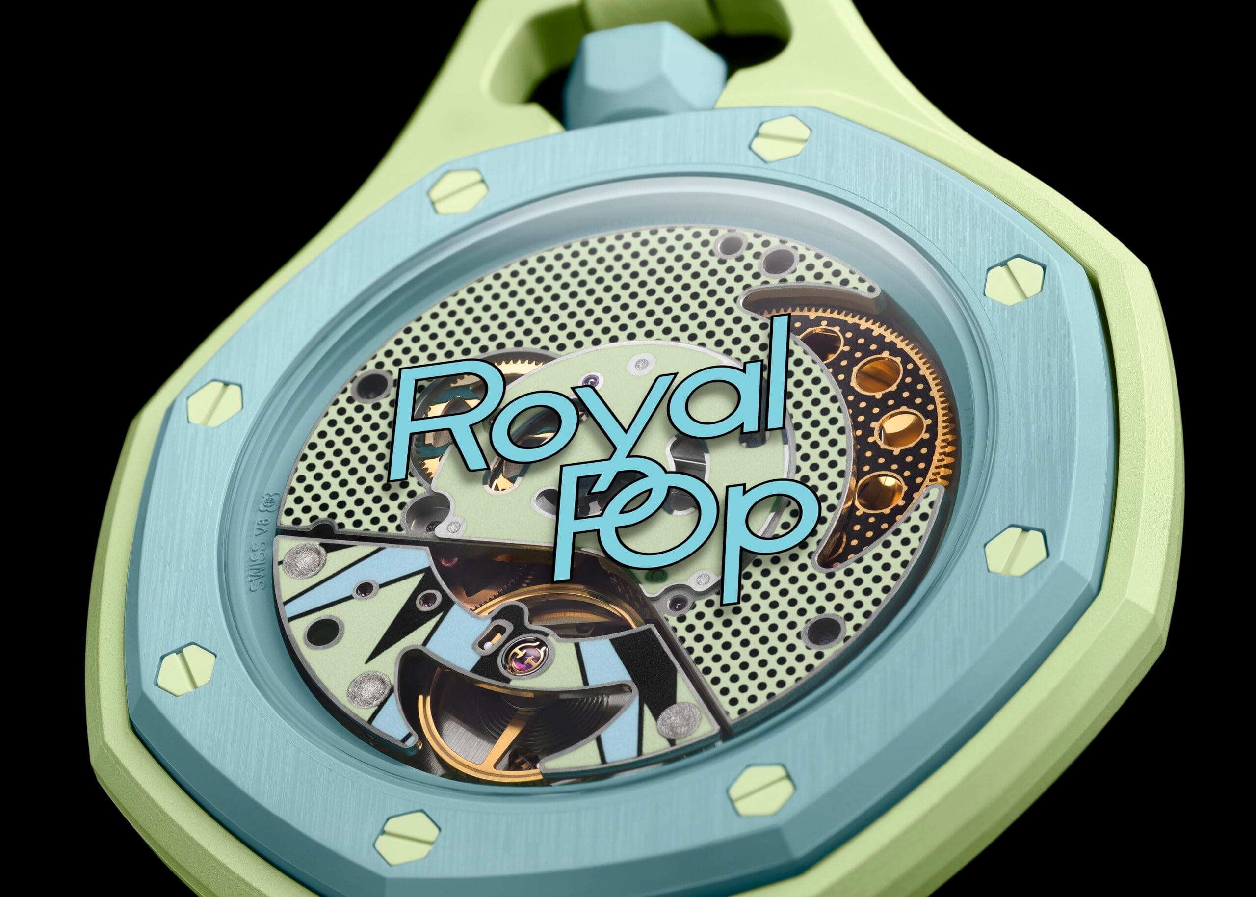 De transparante achterzijde van het Royal Pop horloge toont het automatische Swatch SISTEM51 uurwerk.