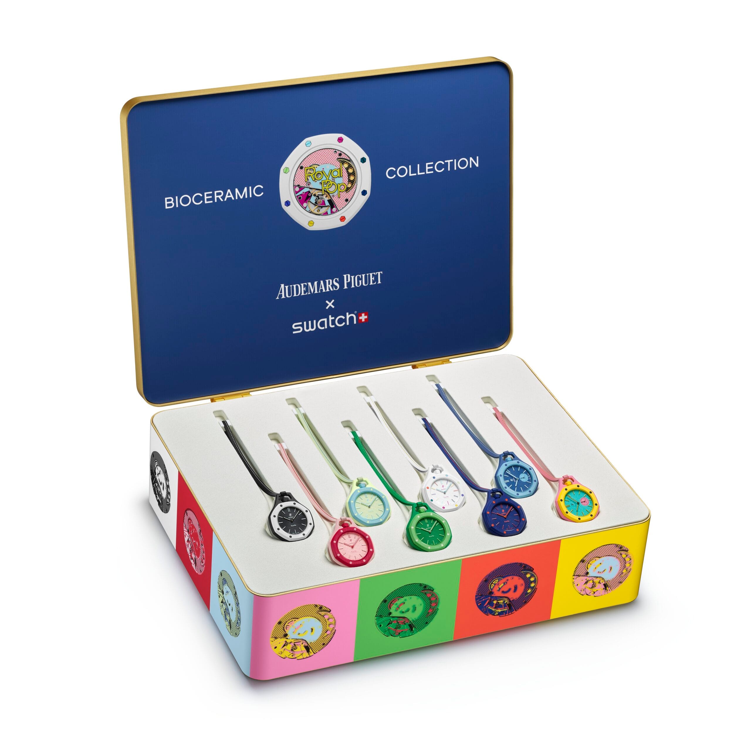Overzicht van het Royal Pop horloge inclusief het leren draagkoord en de Bioceramic houder.