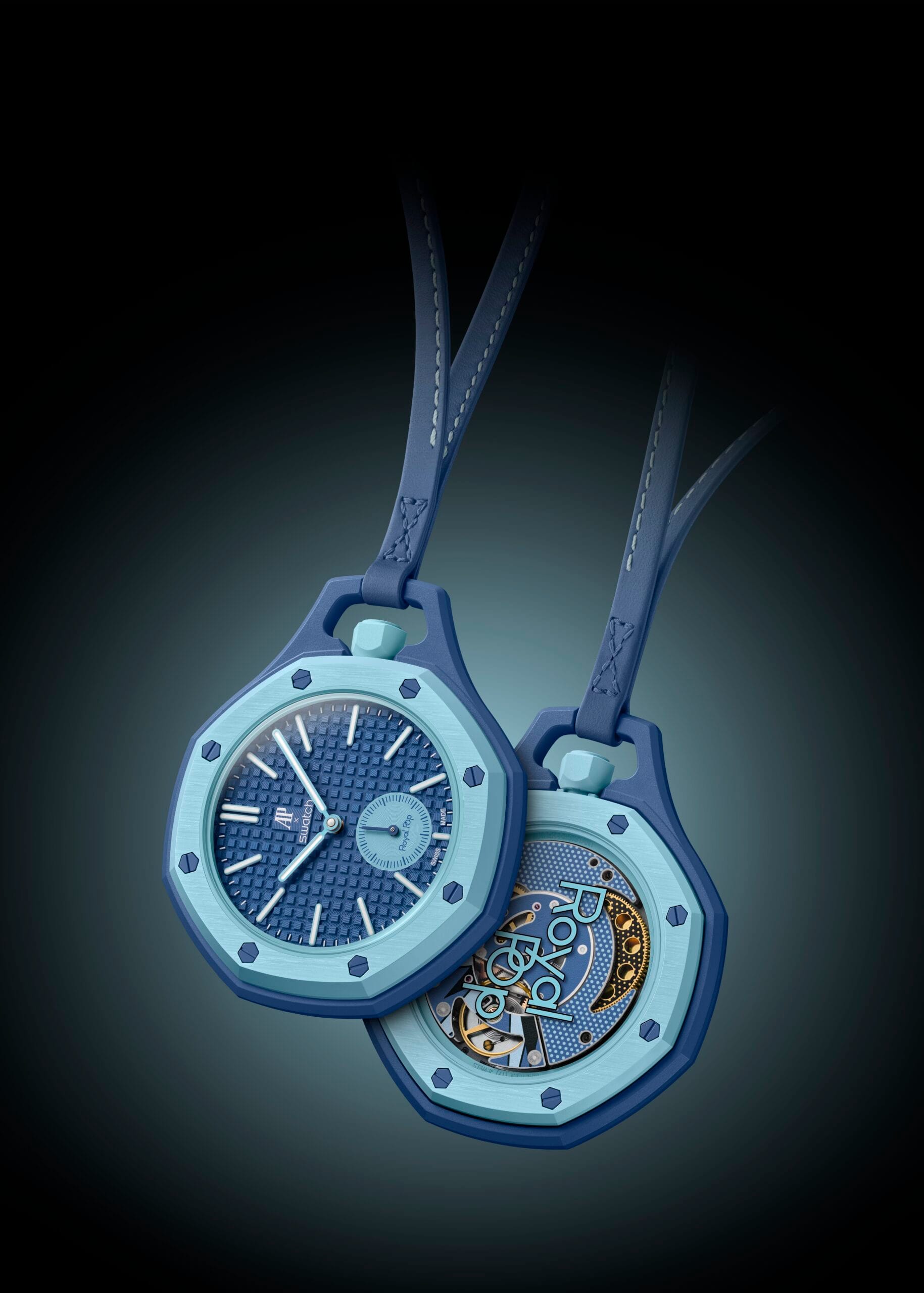 Een modern zakhorloge van Swatch en Audemars Piguet, gemaakt van duurzaam Bioceramic materiaal.