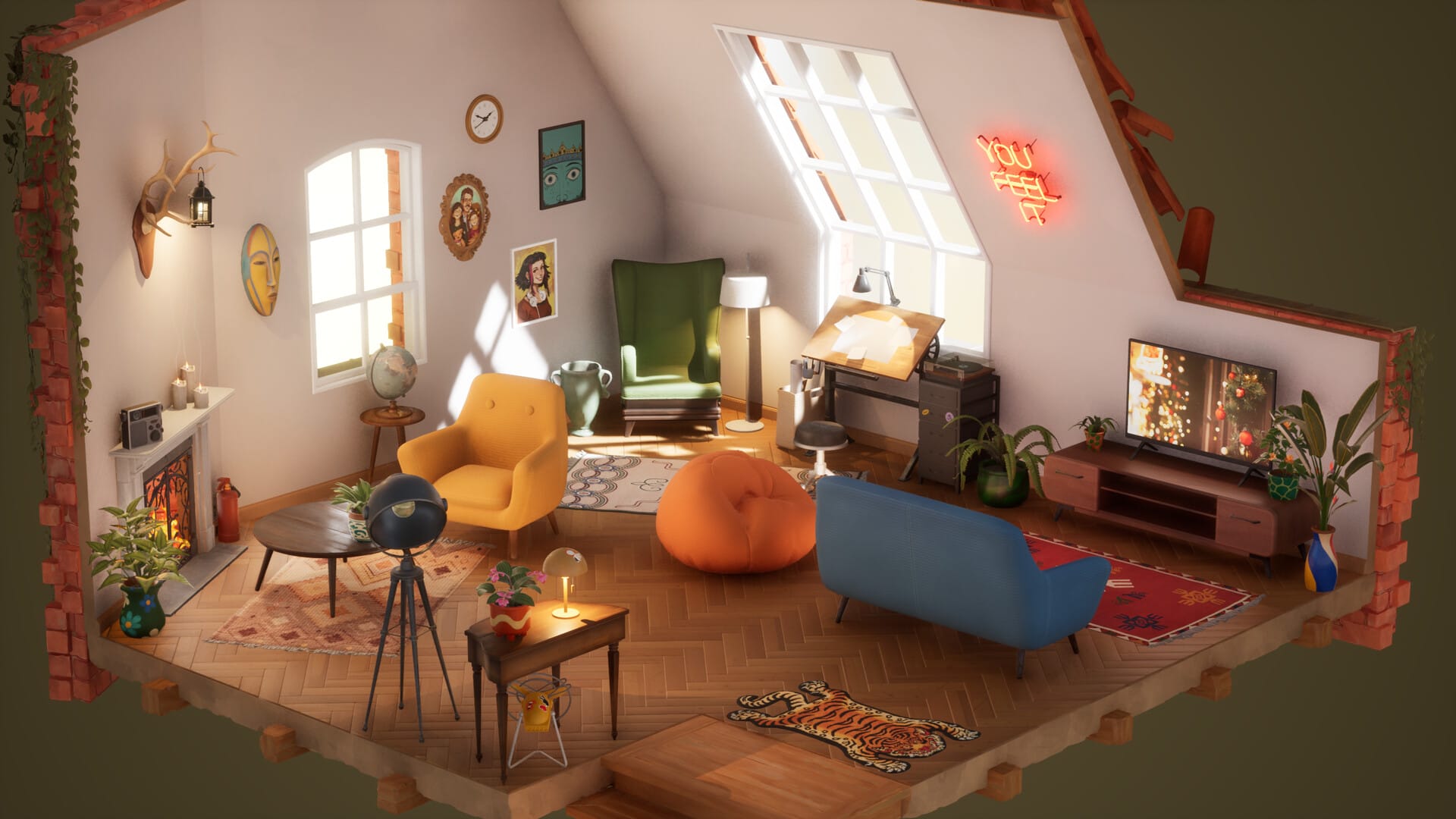 Isometrische illustratie van een gezellige woonkamer op een zolder met kleurrijke meubels, een open haard en een tekentafel