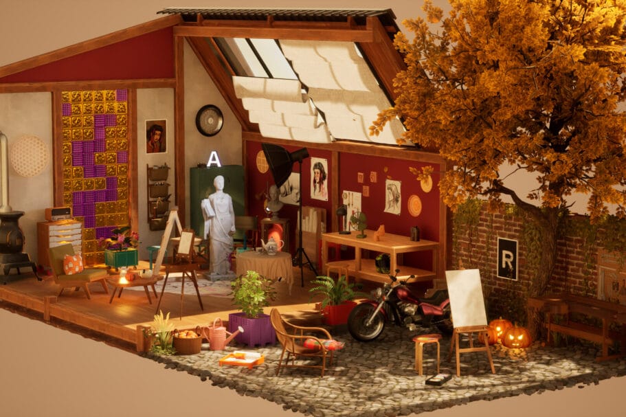 Een gedetailleerd 3D-model van een kunstenaarsatelier met een schildersezel, standbeelden, een motorfiets en herfstdecoratie