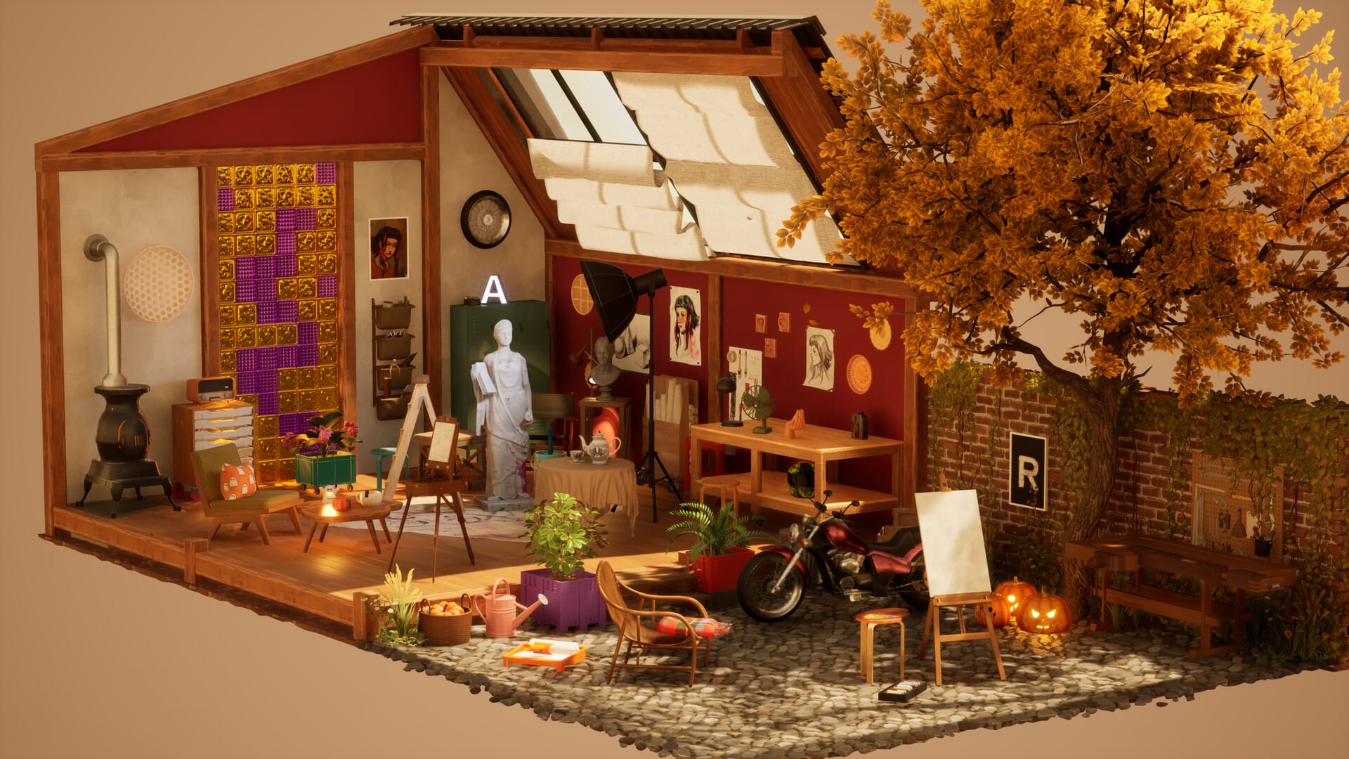 Een gedetailleerd 3D-model van een kunstenaarsatelier met een schildersezel, standbeelden, een motorfiets en herfstdecoratie