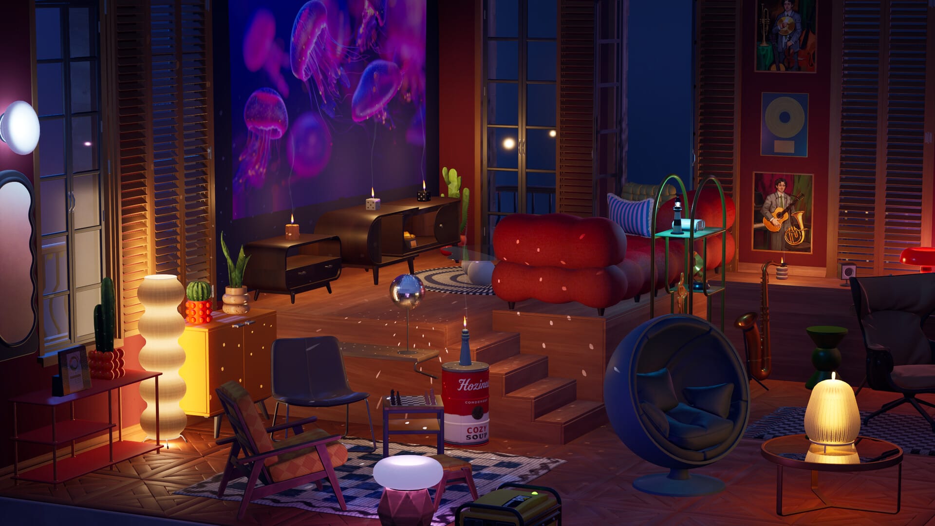 Een eclectisch ingerichte woonkamer met sfeerverlichting, diverse designmeubels en een projectie van kwallen op de muur