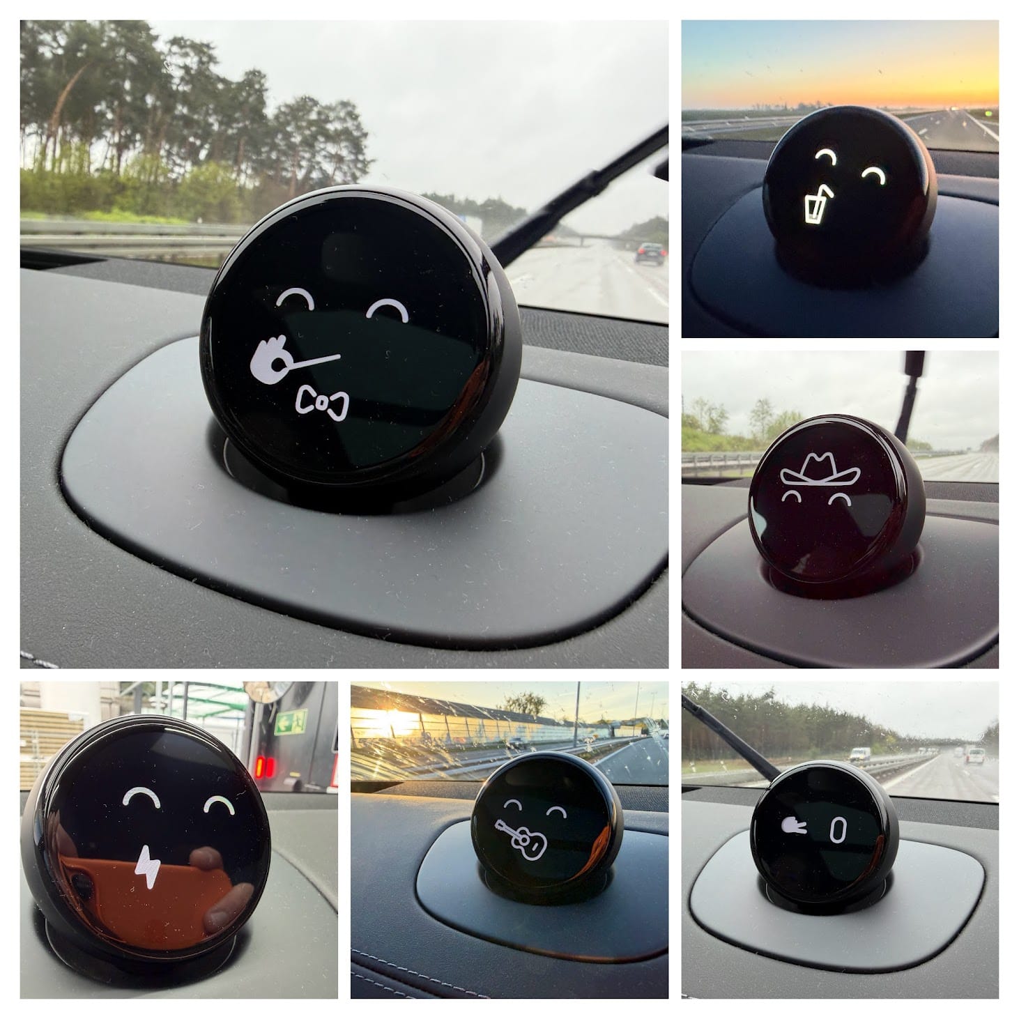 Collage van zes foto's van de NOMI-assistent op een autodashboard, die verschillende emoties en icoontjes toont