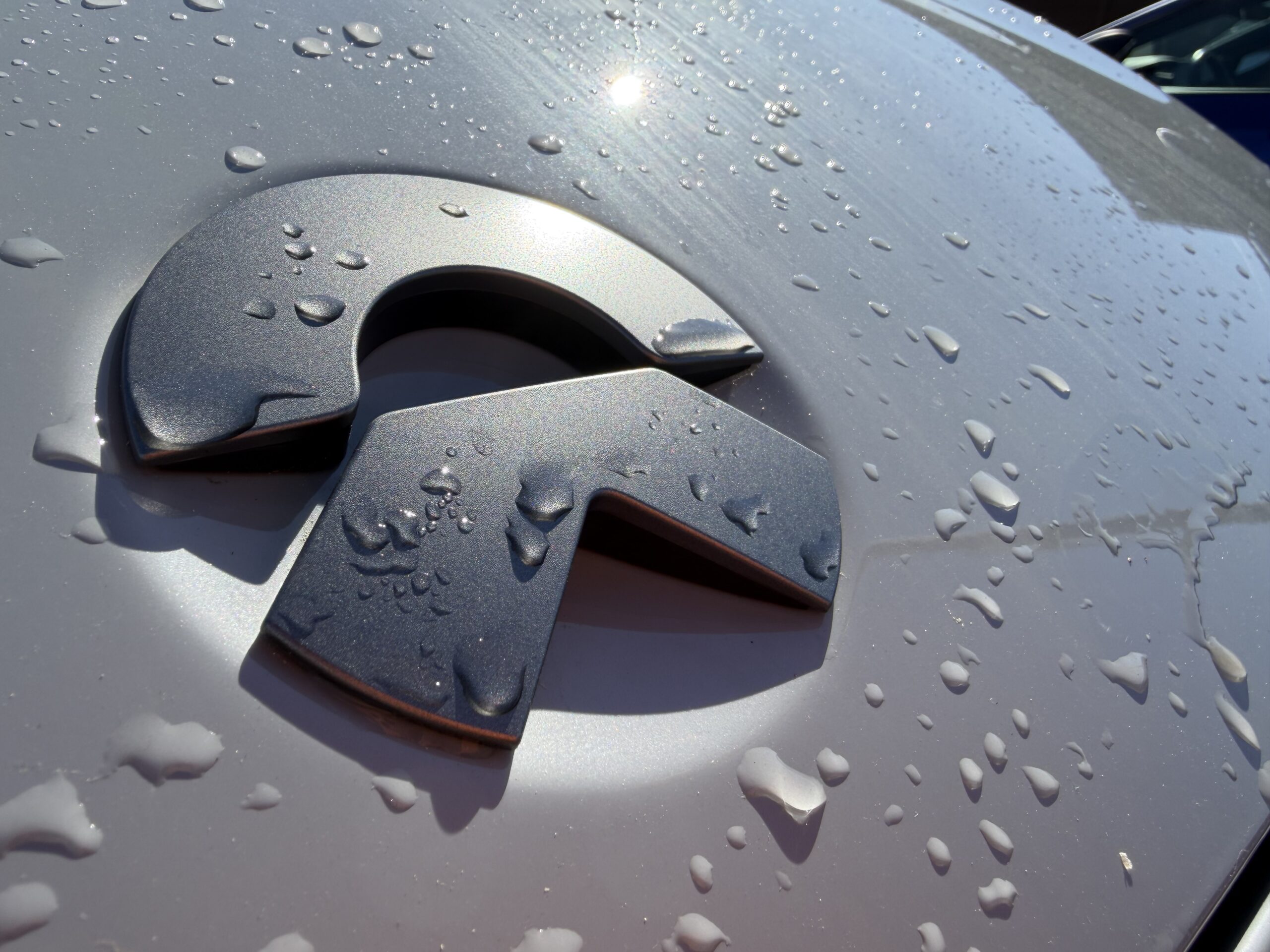 Close-up van het NIO-logo op een motorkap met regendruppels