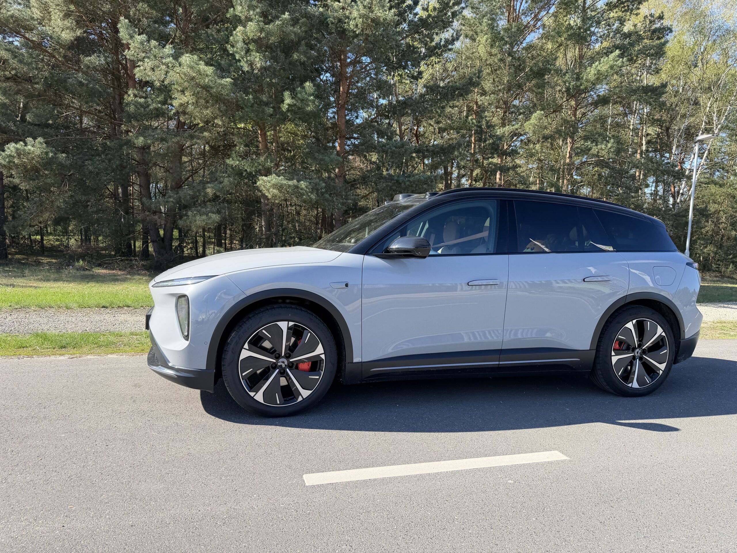 Zijaanzicht van een lichtgrijze NIO EL7 SUV geparkeerd langs een bosrand
