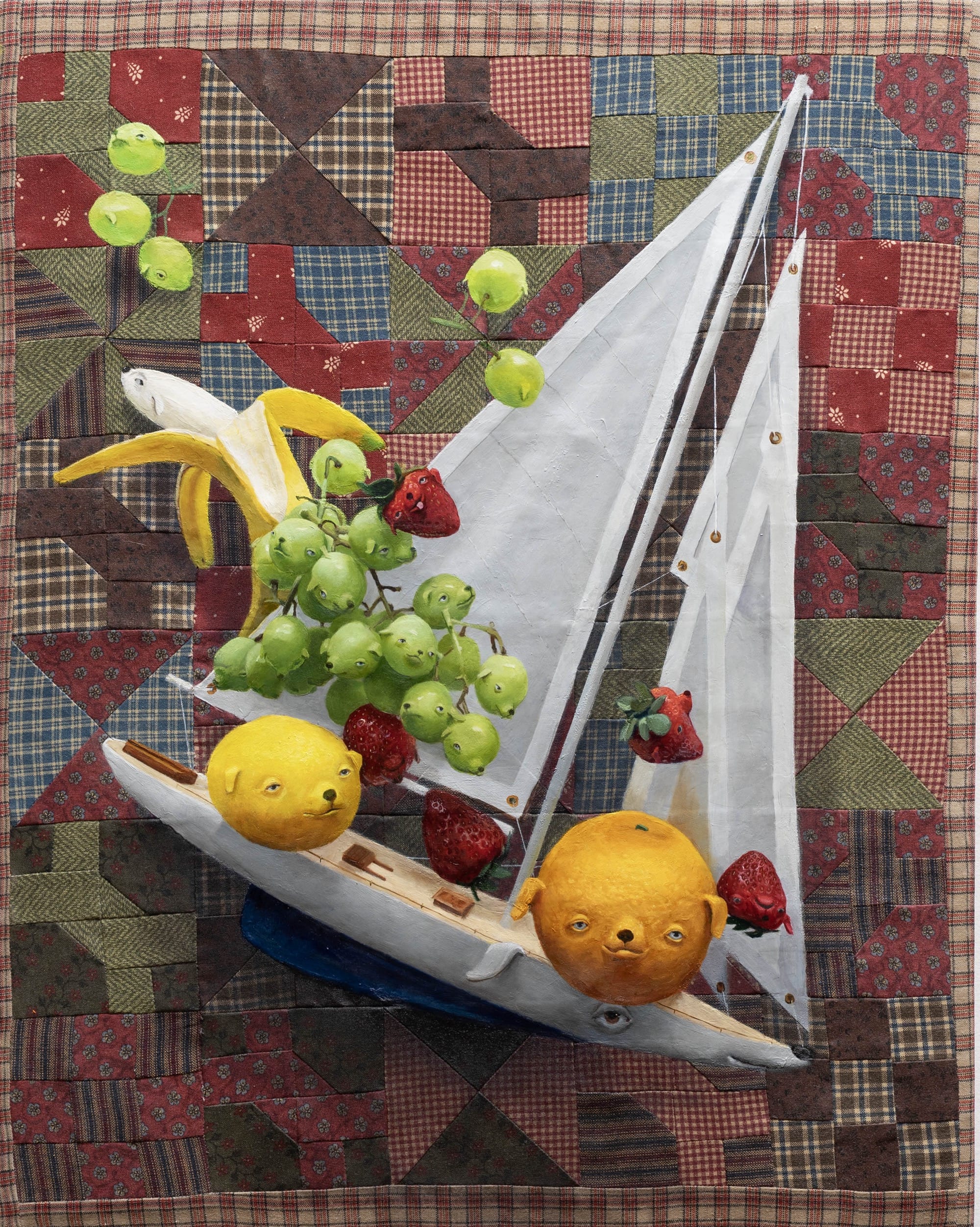 Een trompe l oeil schilderij van Stephen Morrison met verborgen hondenkoppen in de compositie