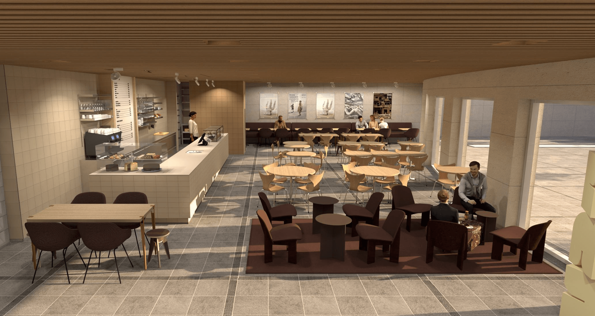 Een impressie van het nieuwe entreegebied van Museum Beelden aan Zee door Studio Snelder, een modern café-interieur met een lange witte bar, houten tafels en stoelen, en een zithoek met donkere fauteuils