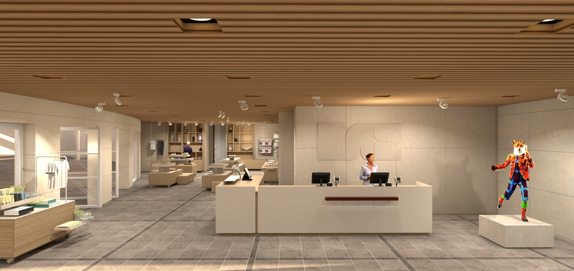 Impressie van het nieuwe entreegebied van Museum Beelden aan Zee door Studio Snelder, met een modern interieur van een museumwinkel met een houten lattenplafond, een centrale balie en een kleurrijk vossenbeeld