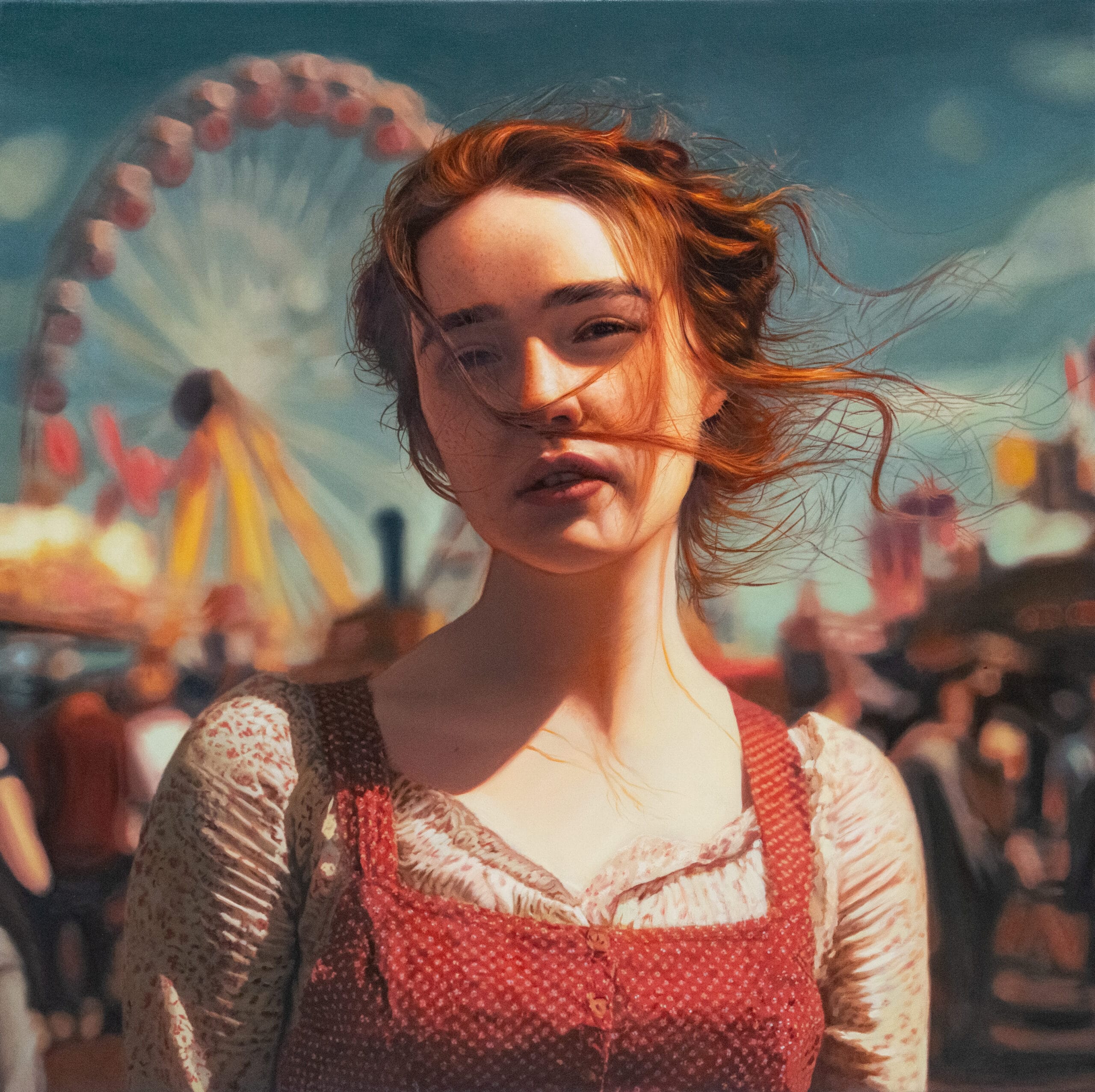 Portret door Yigal Ozeri van een jonge vrouw met rood haar op een drukke kermis met een reuzenrad op de achtergrond
