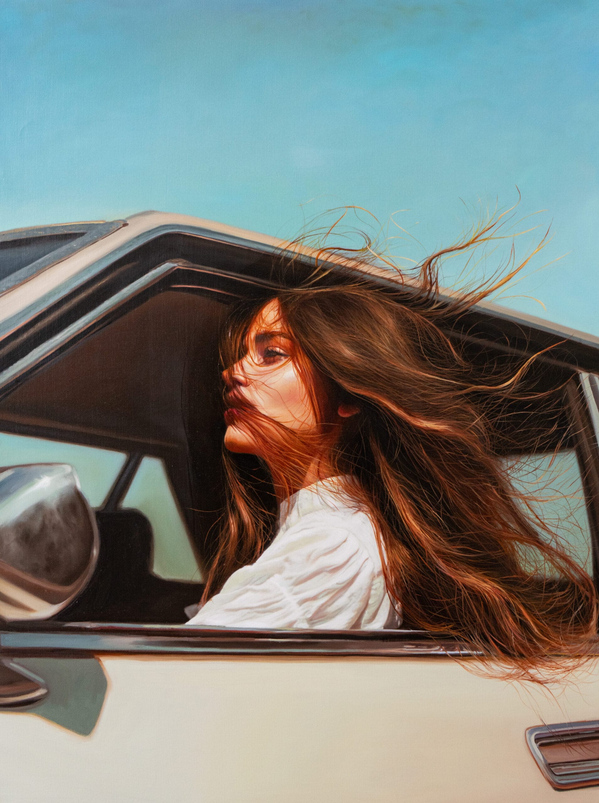 Schilderij van Yigal Ozeri van een vrouw met lang wapperend bruin haar die uit het raam van een rijdende auto kijkt