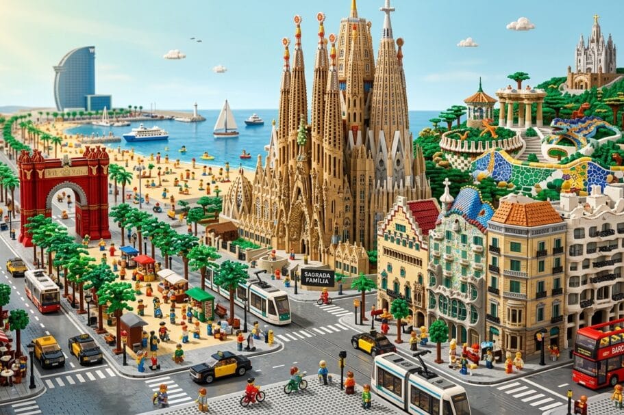 Een gedetailleerd miniatuurlandschap van Barcelona volledig opgebouwd uit LEGO, met de Sagrada Família en Park Güell