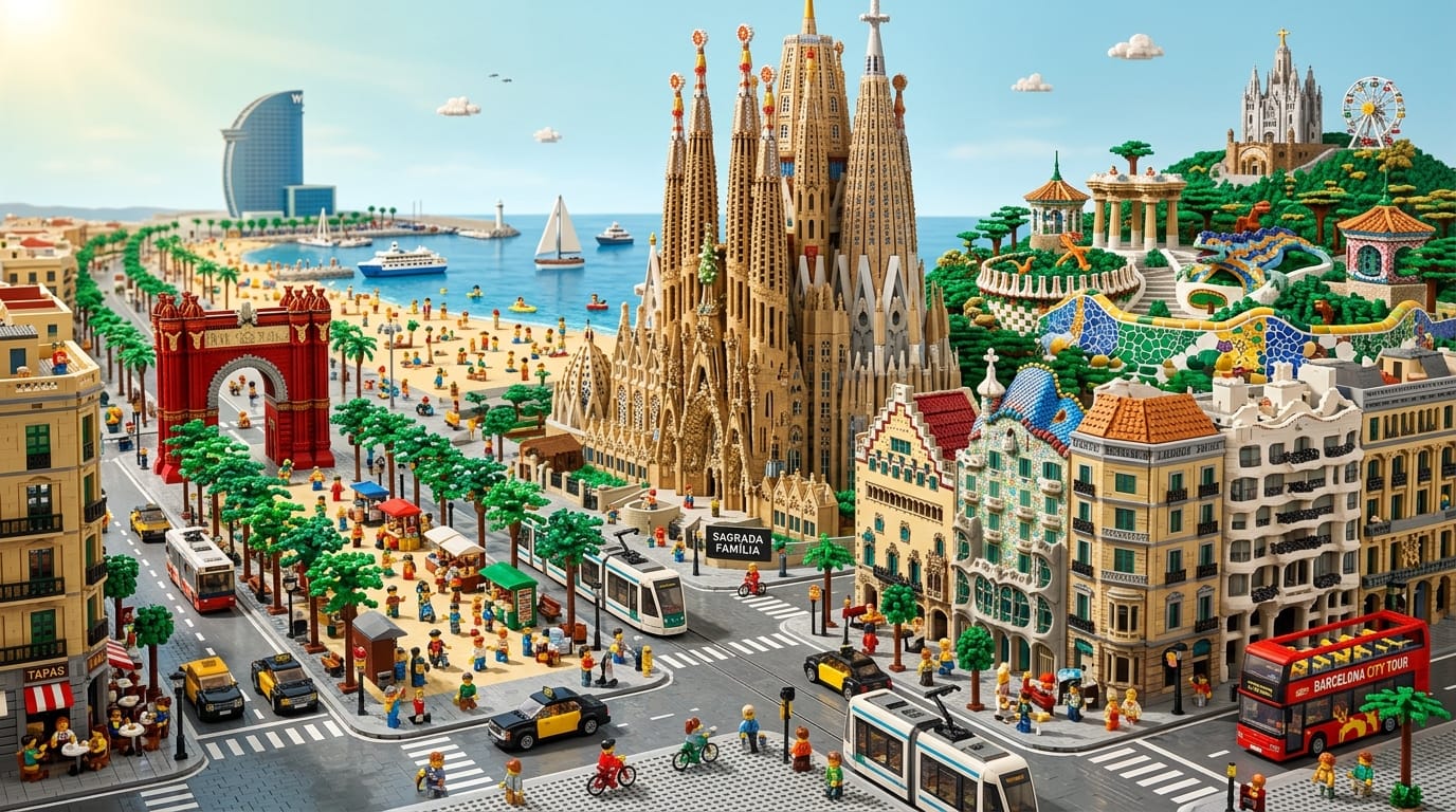 Een gedetailleerd miniatuurlandschap van Barcelona volledig opgebouwd uit LEGO,