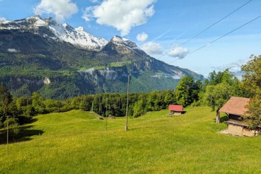 Groene alpenweide met houten schuren tegen een achtergrond van beboste bergen en besneeuwde bergtoppen