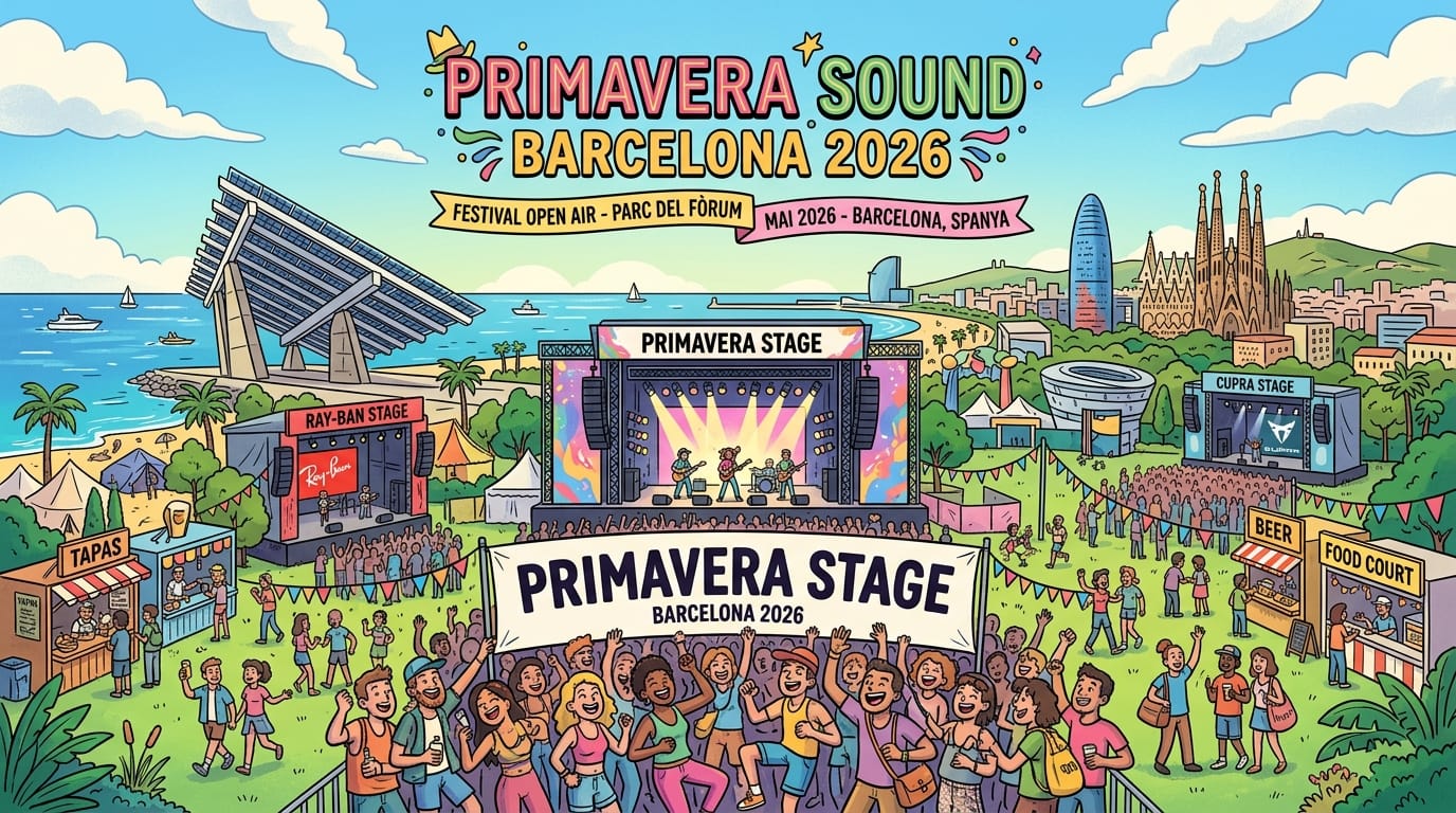 Poster voor Primavera Sound Barcelona 2026 in Parc del Fòrum met podia, publiek