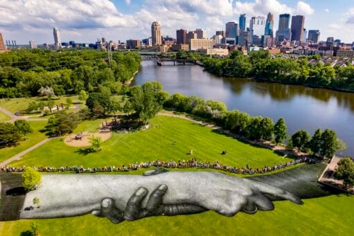 Luchtfoto van een gigantische muurschildering van in elkaar grijpende handen op het gras in een park in Minneapolis