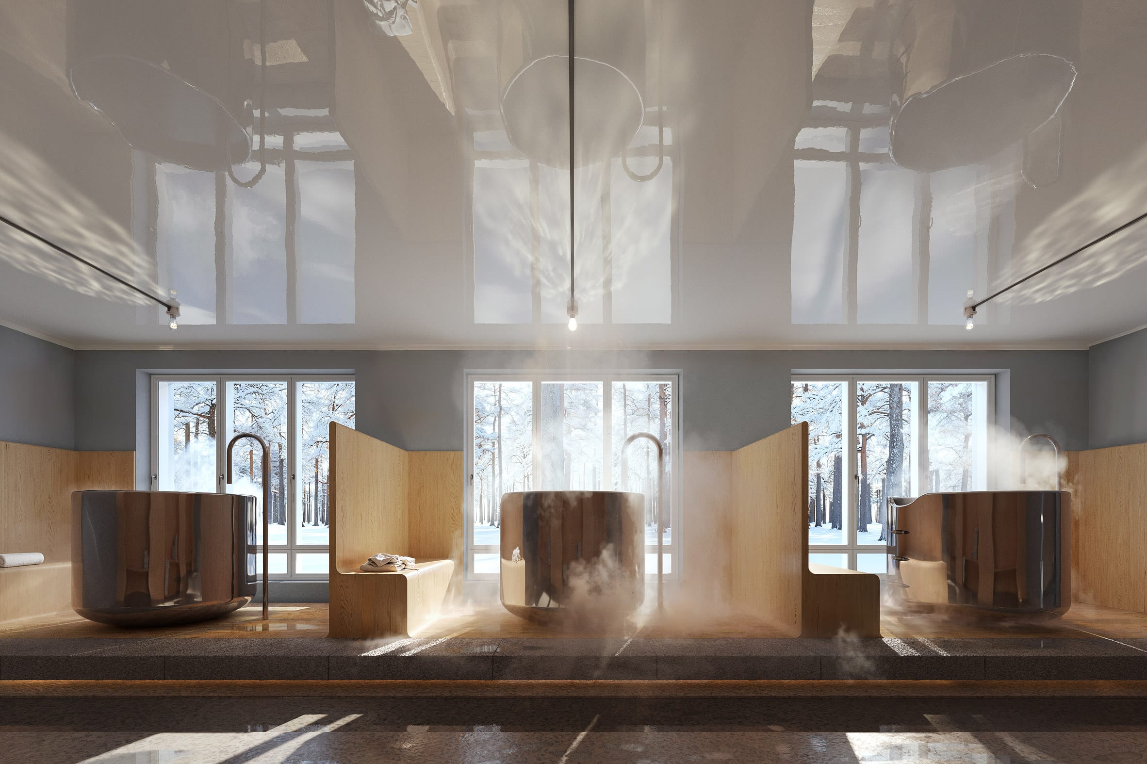 Moderne spa-ruimte met stomende houten baden voor grote ramen die uitkijken op een besneeuwd bos