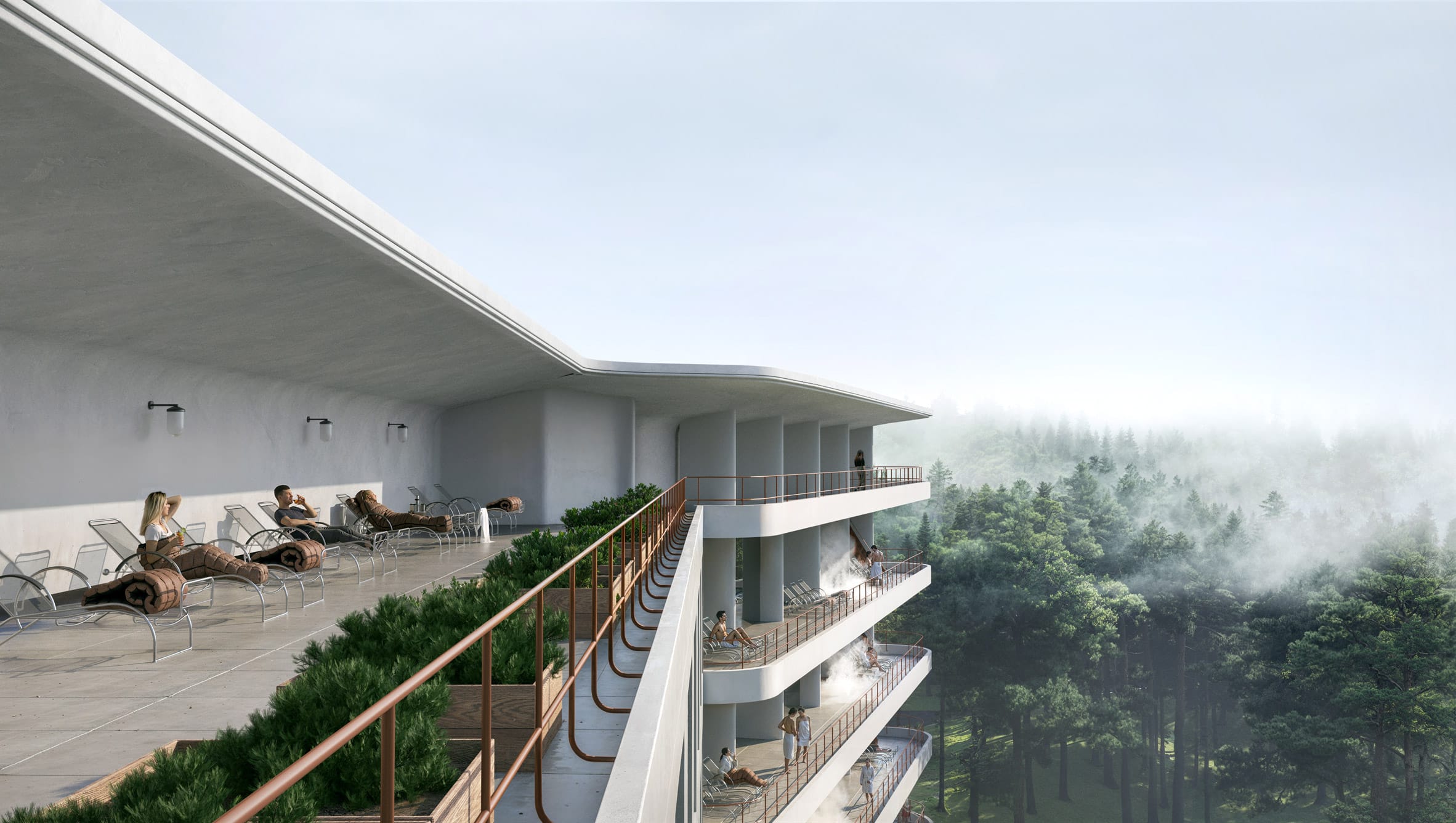 Mensen ontspannen op de balkons van een modern hotel met uitzicht op een mistig dennenbos