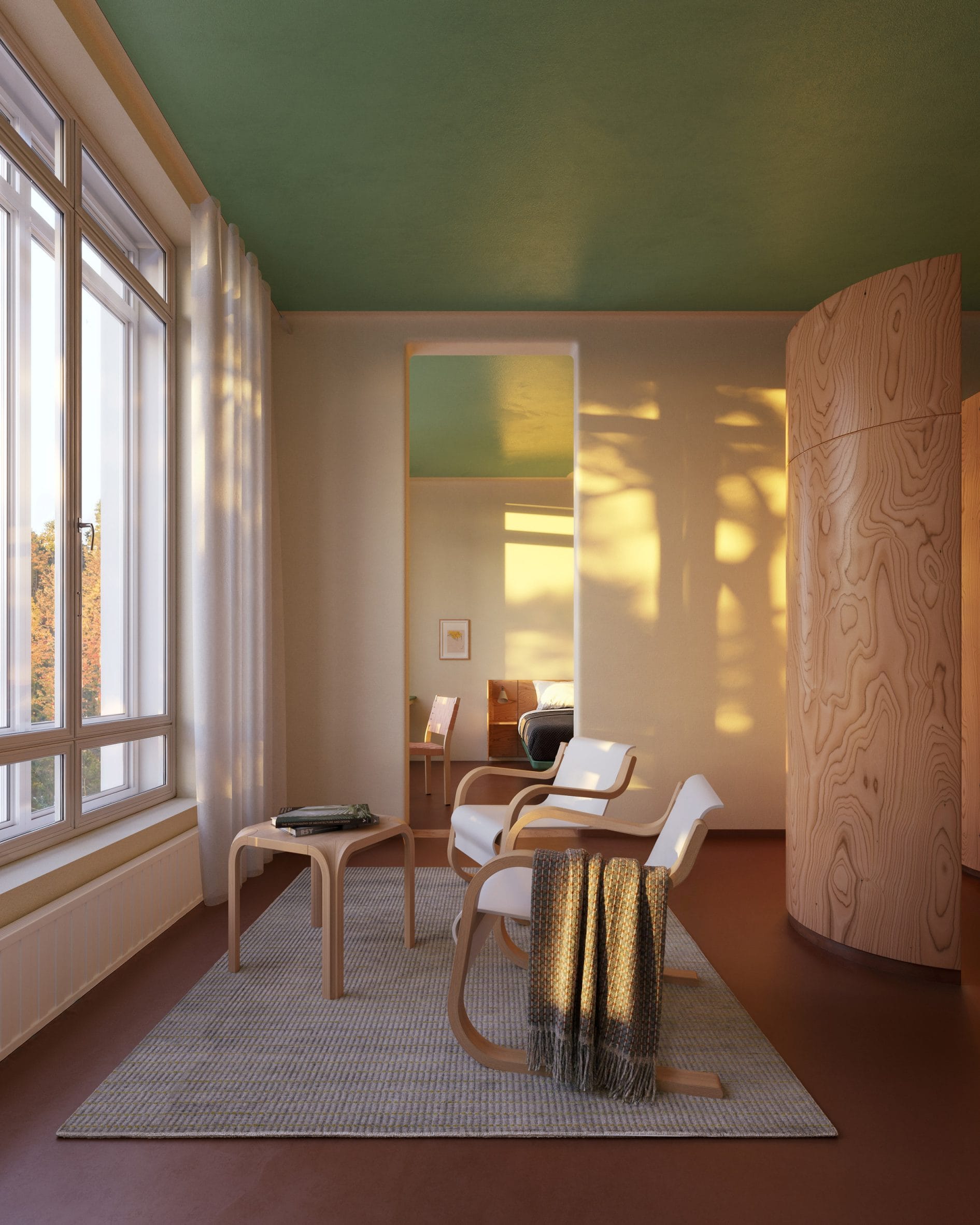 Modern interieur met houten fauteuils, een groen plafond en warm zonlicht dat door het raam naar binnen valt
