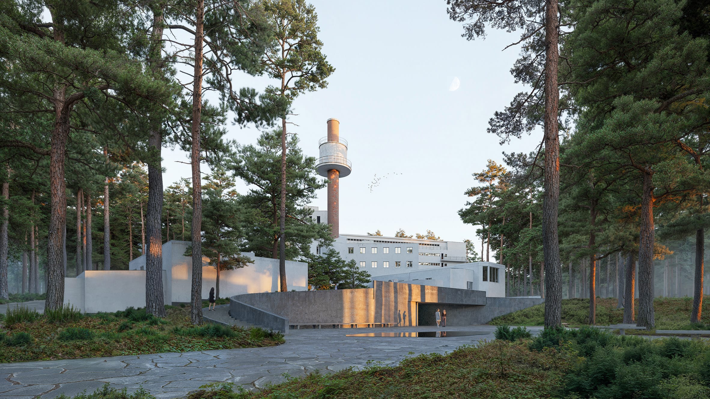 Modern wit sanatoriumgebouw met een hoge schoorsteen, omringd door een dicht dennenbos bij zonsondergang