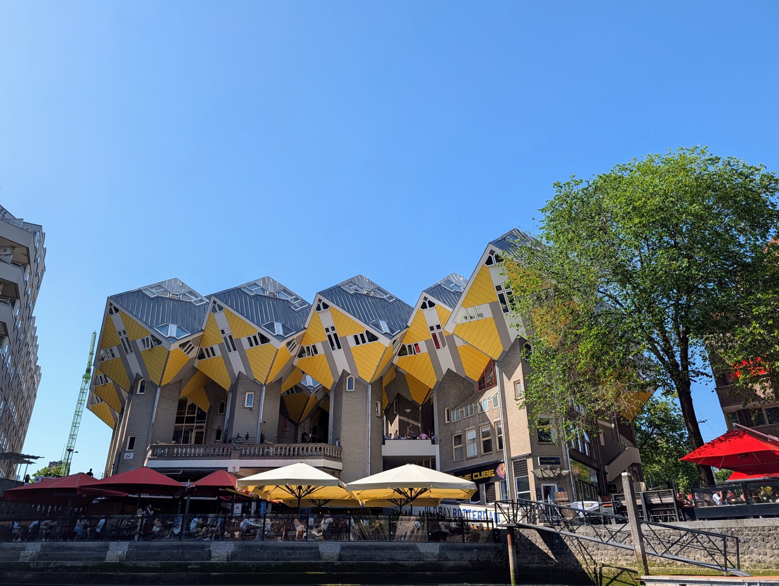 De gele kubuswoningen in Rotterdam boven een terras aan het water onder een strakblauwe lucht