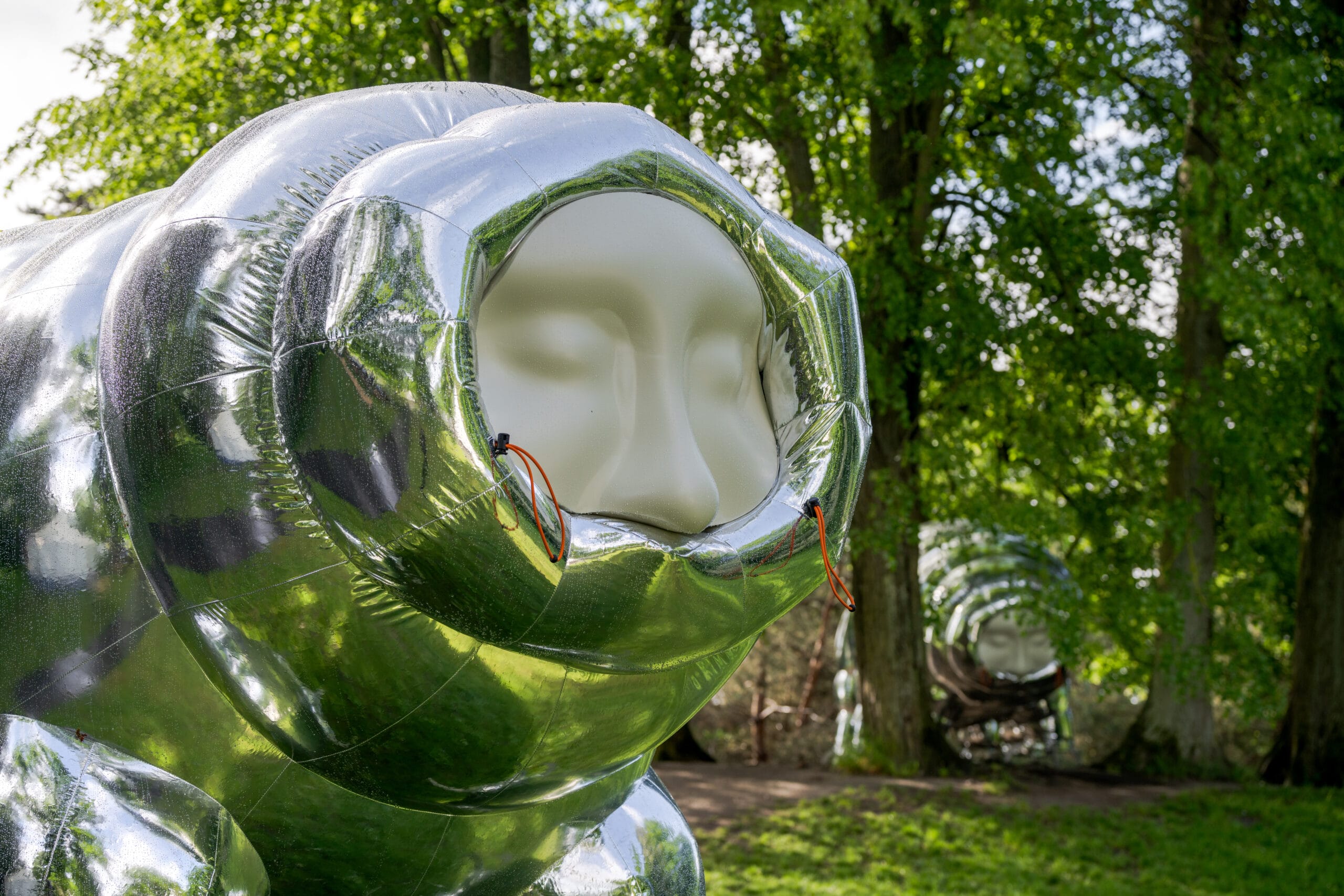 Een zilverkleurig, opblaasbaar kunstwerk van een rupsachtig figuur met een sereen menselijk gezicht in een bosrijke omgeving