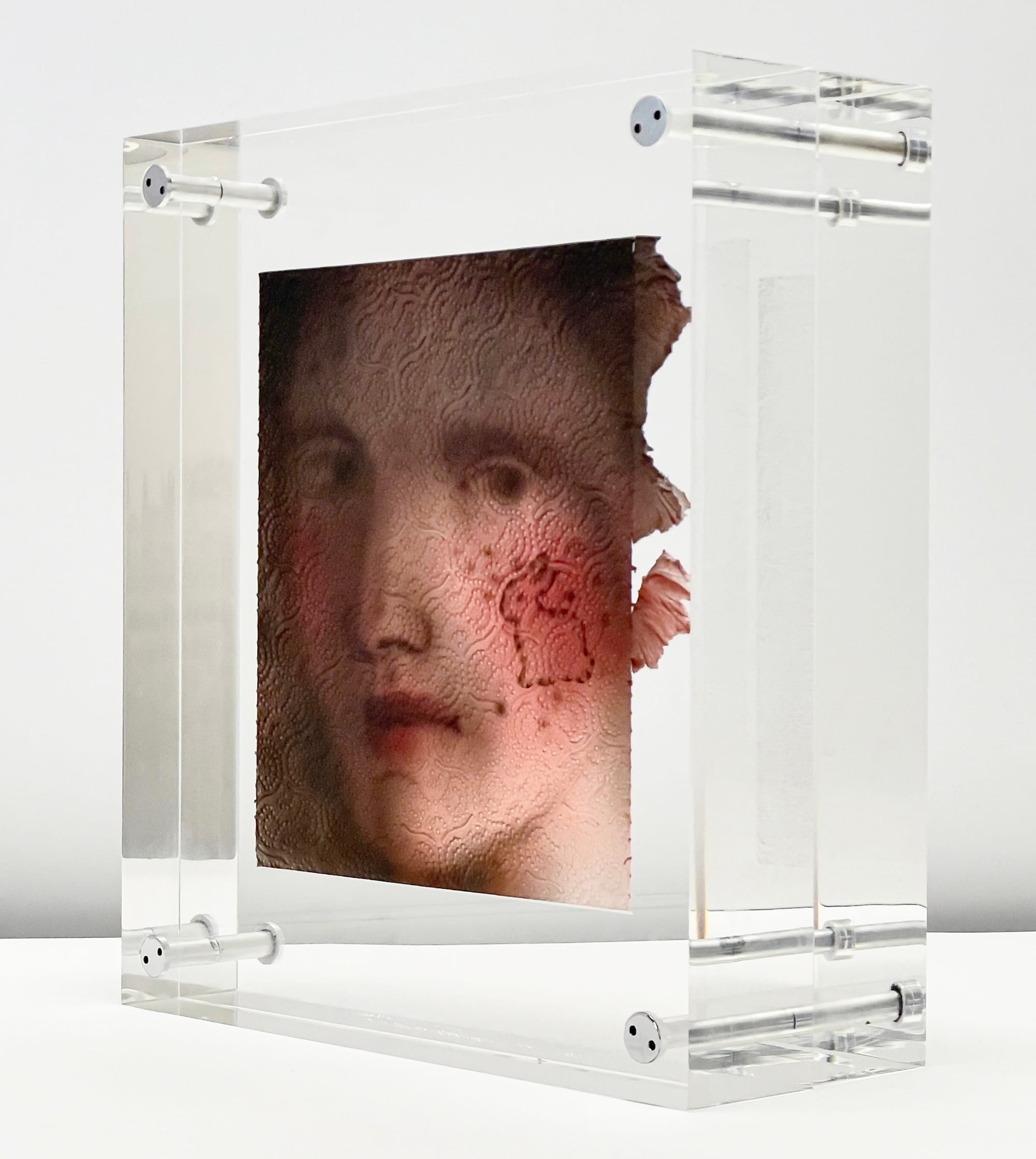 Een klassiek vrouwenportret geschilderd op reliëfrijk keukenpapier, ingeklemd tussen twee dikke platen plexiglas