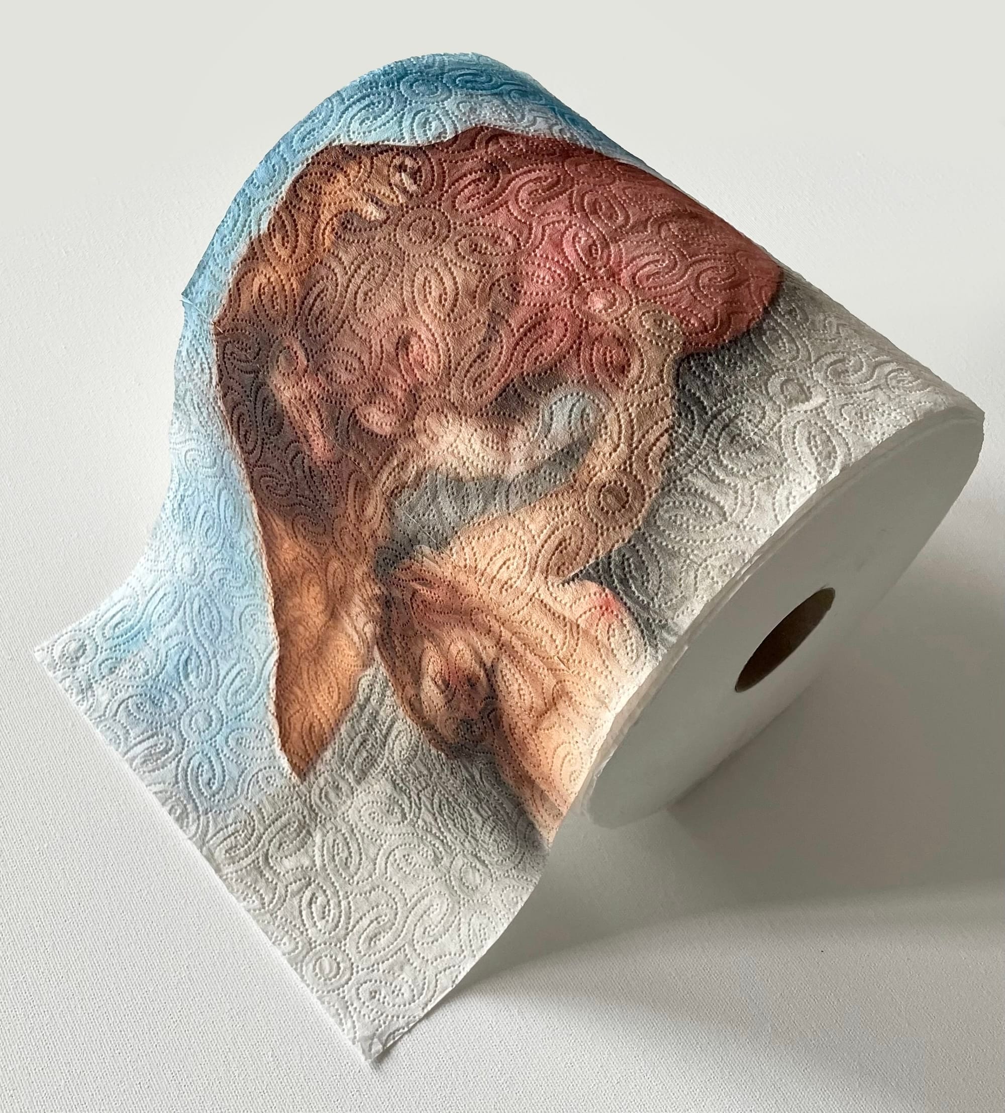 Een klassiek geschilderd portret van een vrouw op een rol toiletpapier met een reliëf van bloemenpatronen